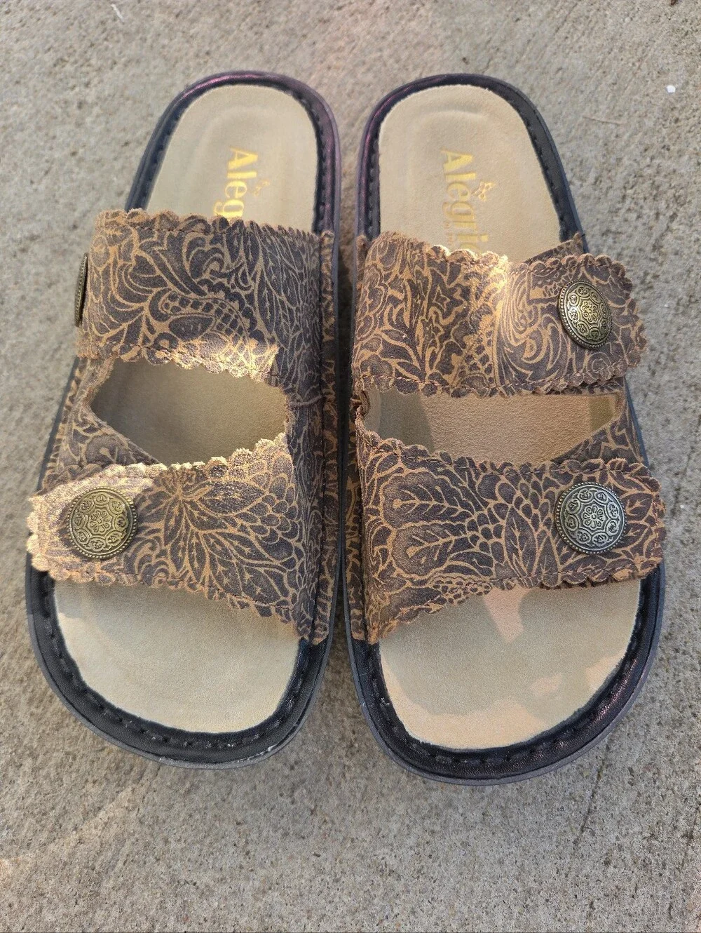 Alegria Leather Comfort Sandals Brown Floral Adjustable Size 37/US 7 Never Worn